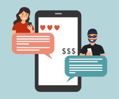 Online dating scam on smartphone mobile app in flat design. Phone phishing.